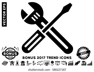 Black Spanner And Screwdriver icon with bonus 2017 trend images. Vector illustration style is flat iconic symbols, white background.