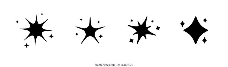 Coleção de faíscas pretas. Sinais de brilhar e piscar começam. Ícones cósmicos minimalistas.