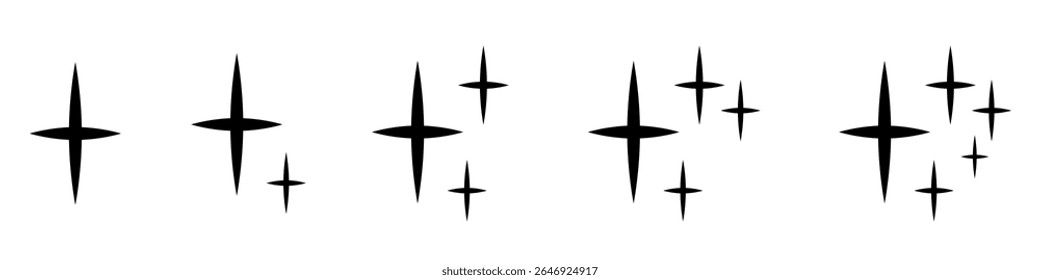 Black Sparkle Light Icon Set. Abstract Minimalist Starburst Glare Symbols. Set of abstract black stars. Simple Shiny Glow Elements for UI, Decor, Stickers, Backgrounds, Celestial or Magic Concepts