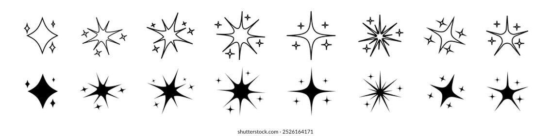 Schwarzes Funkelset. Anzeichen von Glanz und Blinzeln beginnen. Raum minimalistische Symbole Umriss.