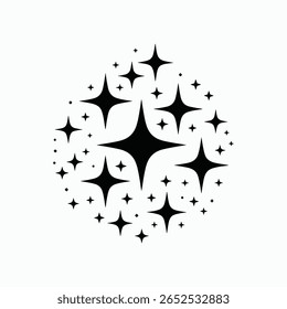 Black Sparkle Star Icon Set Vetor, Brilhante Brilhante Glitter Elementos para Decoração, Magia, Efeitos de Luz, Celebração, Design Limpo Isolado no Fundo Branco