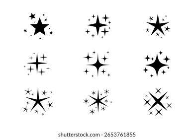 Black Sparkle e Star Icon Set Elementos decorativos minimalistas em várias formas para destaques de IU e gráficos festivos no fundo branco