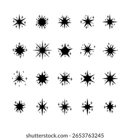 brilho preto e ícone de estrela definir elementos decorativos minimalistas em várias formas para destaques ui acentos e gráficos festivos no fundo branco
