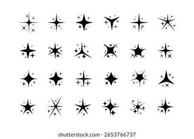 Black Sparkle e Star Icon Set Elementos decorativos minimalistas em várias formas para destaques de IU e gráficos festivos no fundo branco
