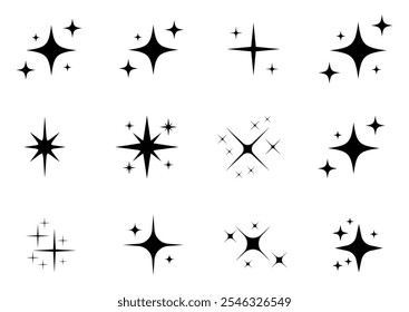 Colección de iconos de vectores de estrellas brillantes negras. Conjunto de Vector de iconos de estrellas aislado. Conjunto de Vector brillante o brillante de veinticuatro estrellas diversas en color negro sobre fondo blanco. Ilustración vectorial.