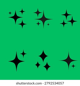 Black sparkle starburst vector set. Retro twinkle and blink icons isolated on green background.