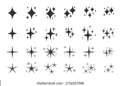 Black sparkles symbols icon set. Glyph template spark for glowing light effect stars, bursts. Silhouette symbol shine, clean, confetti element. Elegant twinkle shape. Isolated vector illustration