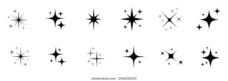 Símbolos de brilho preto ícones de vetor definidos isolados. Brilhar ou brilhante vetor conjunto de doze várias estrelas na cor preta sobre fundo branco. Ilustração vetorial.