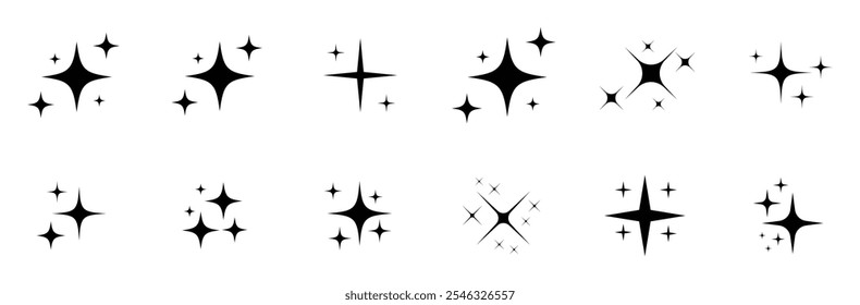 Ícones de vetor de símbolos com brilho preto. Brilhar ou brilhante vetor conjunto de doze várias estrelas na cor preta sobre fundo branco. Ilustração vetorial.