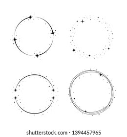 Black sparkles symbols vector. Set of vector graphic circle frames. Bright firework, decoration twinkle, shiny flash. Meteoroid, comet, asteroid, stars.