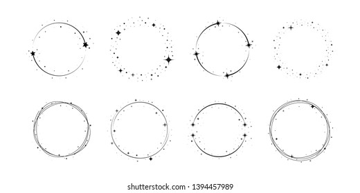 Black sparkles symbols vector. Set of vector graphic circle frames. Bright firework, decoration twinkle, shiny flash. Meteoroid, comet, asteroid, stars.