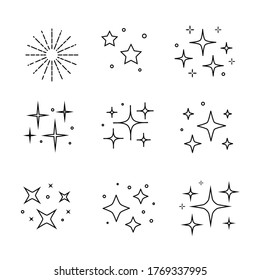 El vector de los símbolos de chispas negras. Establece el icono de destello de las estrellas vectoriales. Fuego brillante, decoración brillante, brillo brillante