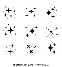 El vector de los símbolos de chispas negras. Establece el icono de destello de las estrellas vectoriales. Fuego brillante, decoración brillante, brillo brillante