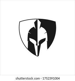 guerrero de casco espartano negro dentro de una plantilla de diseño de logotipo del icono del vector del escudo para aplicaciones de gimnasia, tatuaje y juegos