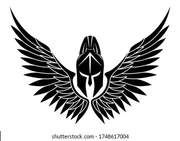 Black Spartan helmet with wings on a white background.