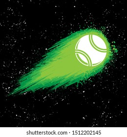 Black spase background with stars and flying green tennis ball comet