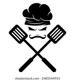 Black spatula crossed with chef hat vector editable EPS format,isolated on white background,suitable for icons,logos,symbols,signs,emblems,badges etc.Illustration of chef,restaurant,kitchen etc.