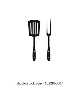 Black spatula and fork icon. BBQ and grill tools. Barbeque cutlery. Kitchen utensil. Party, cuisine, cookery sign. Vector illustration isolated on white.