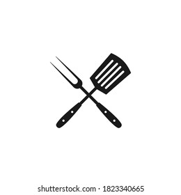 Black spatula and fork icon. BBQ and grill tools. Barbeque cutlery. Kitchen utensil. Party, cuisine, cookery sign. Vector illustration isolated on white.