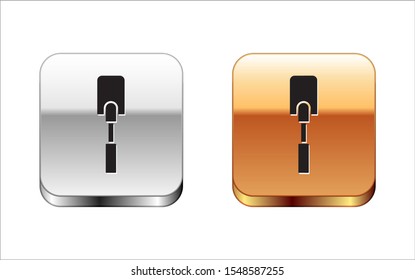 Black Spatula icon isolated on white background. Kitchen spatula icon. BBQ spatula sign. Barbecue and grill tool. Silver-gold square button. Vector Illustration