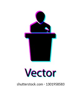 Black Speaker icon isolated on white background. Orator speaking from tribune. Public speech. Person on podium. Vector Illustration