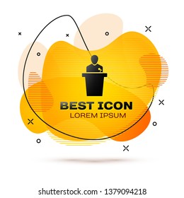 Black Speaker icon isolated on white background. Orator speaking from tribune. Public speech. Person on podium. Fluid color banner. Vector Illustration