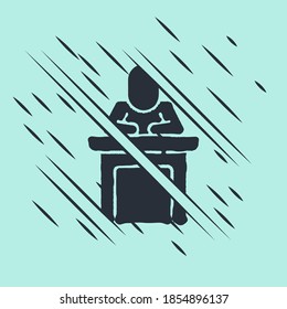 Black Speaker icon isolated on green background. Orator speaking from tribune. Public speech. Person on podium. Glitch style. Vector