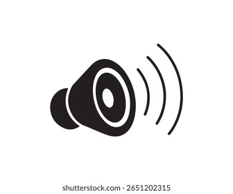 Black speaker icon with sound waves emanating on a white background