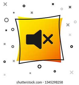 Black Speaker mute icon isolated on white background. No sound icon. Volume Off symbol. Yellow square button. Vector Illustration