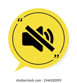 Black Speaker mute icon isolated on white background. No sound icon. Volume Off symbol. Yellow speech bubble symbol. Vector Illustration