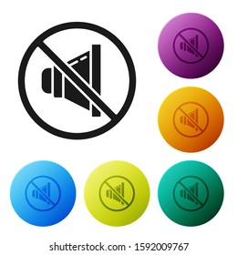 Black Speaker mute icon isolated on white background. No sound icon. Volume Off symbol. Set icons colorful circle buttons. Vector Illustration