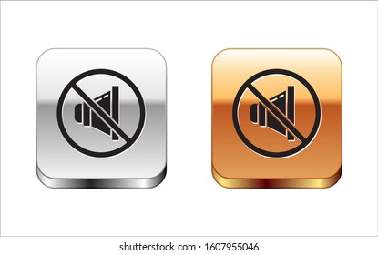Black Speaker mute icon isolated on white background. No sound icon. Volume Off symbol. Silver-gold square button. Vector Illustration