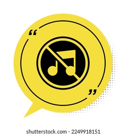 Black Speaker mute icon isolated on white background. No sound icon. Volume Off symbol. Yellow speech bubble symbol. Vector