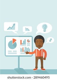 A black speaker presenting his report through infographics inside the conference room. Reporting concept. A Contemporary style with pastel palette, soft blue tinted background. Vector flat design