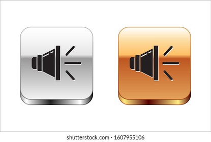 Black Speaker volume, audio voice sound symbol, media music icon isolated on white background. Silver-gold square button. Vector Illustration