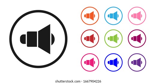 Volumen del altavoz negro, símbolo de sonido de voz de audio, icono de música multimedia aislado en fondo blanco. Establecer iconos coloridos. Ilustración vectorial