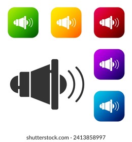 Black Speaker volume, audio voice sound symbol, media music icon isolated on white background. Set icons in color square buttons. Vector