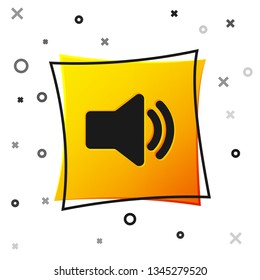 Black Speaker volume icon - audio voice sound symbol, media music icon isolated on white background. Yellow square button. Vector Illustration