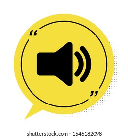 Black Speaker volume icon - audio voice sound symbol, media music icon isolated on white background. Yellow speech bubble symbol. Vector Illustration
