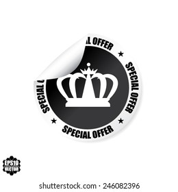 Black Special Offer Label, Stamp, Sticker, Sign, Symbol And Icon For Shop With Crown Isolated On White Background - Vector illustration. 
