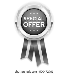 Black special offer rosette, badge with silver border on white background