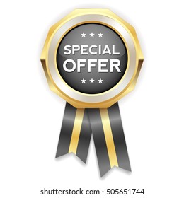 Black special offer rosette, badge with gold border on white background
