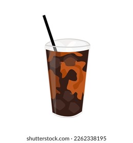 Schwarzer Eiskaffee in transparentem Plastikbecher und Stroh. Schwarzer Teebeutel. Farbige flache Vektorgrafik im trendigen minimalistischen Stil einzeln auf weißem Hintergrund.