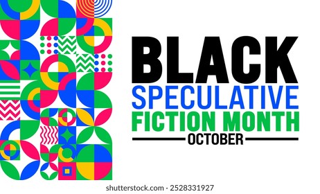 Black Speculative Fiction Month fundo ou modelo de design de banner é observado todos os anos em outubro. Conceito de férias. Modelo para cartão, cartaz, cartão, modelo.