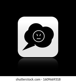 Black Speech bubble with angry smile icon isolated on black background. Emoticon face. Silver square button. Vector Illustration