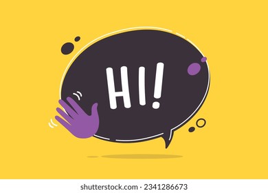 Black speech bubble banner with hi word and hand icon with waving gesture vector illustration