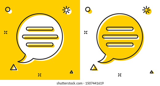Black Speech bubble chat icon isolated on yellow and white background. Message icon. Communication or comment chat symbol. Random dynamic shapes. Vector Illustration