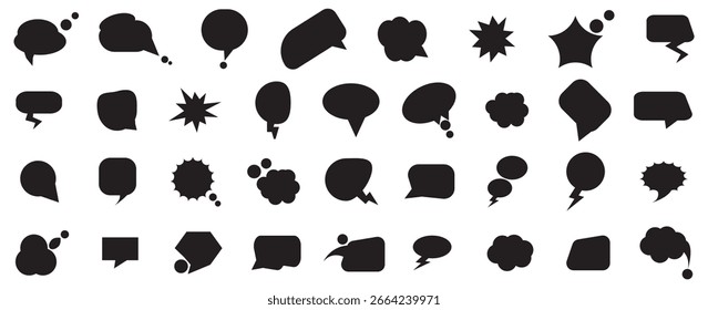 Sammlung schwarzer Sprachblasen.  Dialog, Gespräch, Sprache, Denken, Wolke, Sprechballon Vektor in verschiedenen organischen Form. Satz schwarzer Sprachblasenvektoren auf weißem Hintergrund. 
