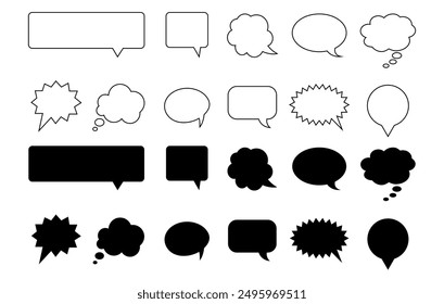 Black speech bubble collection. Set of speech bubble. Fill and thin outline Speech bubble comic icons. Vector illustration isolated on white background.