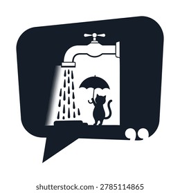 A black speech bubble contains a white illustration of a cat holding an umbrella under a running water tap, symbolizing protection.